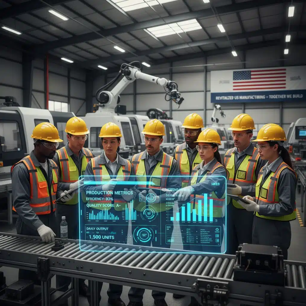 Skilled manufacturing workforce collaborating in a US factory