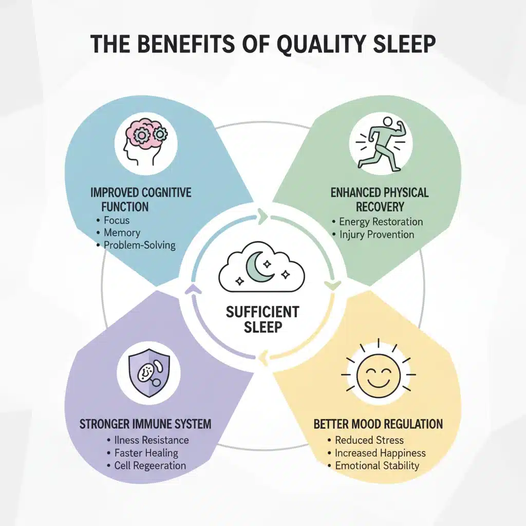Infographic showing diverse benefits of optimal sleep, including cognitive, physical, and immune health.