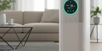 Modern smart air purifier displaying real-time air quality data in a home.