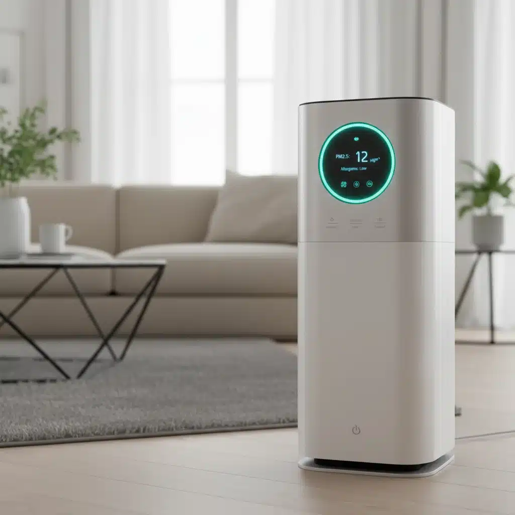 Modern smart air purifier displaying real-time air quality data in a home.