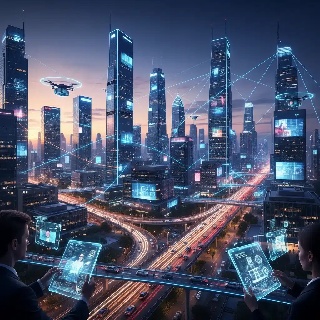 Smart city skyline with digital network overlays, representing technological advancements and urban innovation.