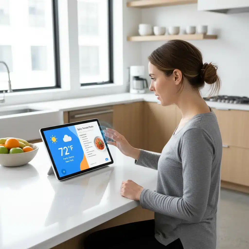 Person using a smart display in a modern kitchen.
