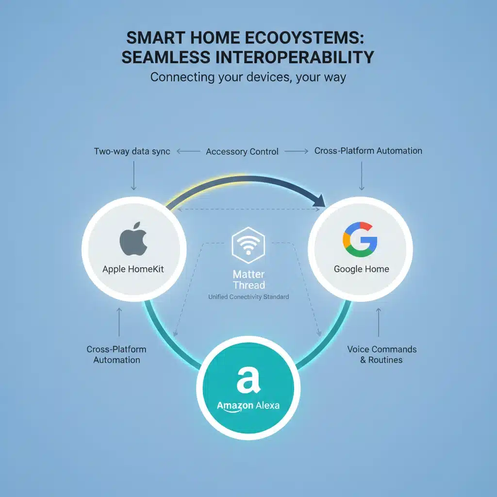 Infographic showing interoperability between various smart home ecosystems.
