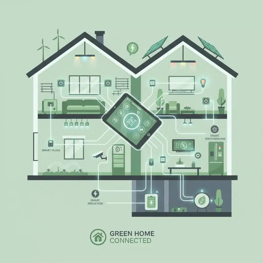 Interconnected smart home ecosystem managed by a tablet, showing smart lighting, plugs, and irrigation for energy efficiency.