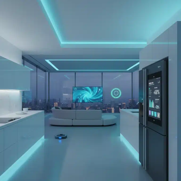 Modern smart home interior with energy-efficient appliances reducing utility costs