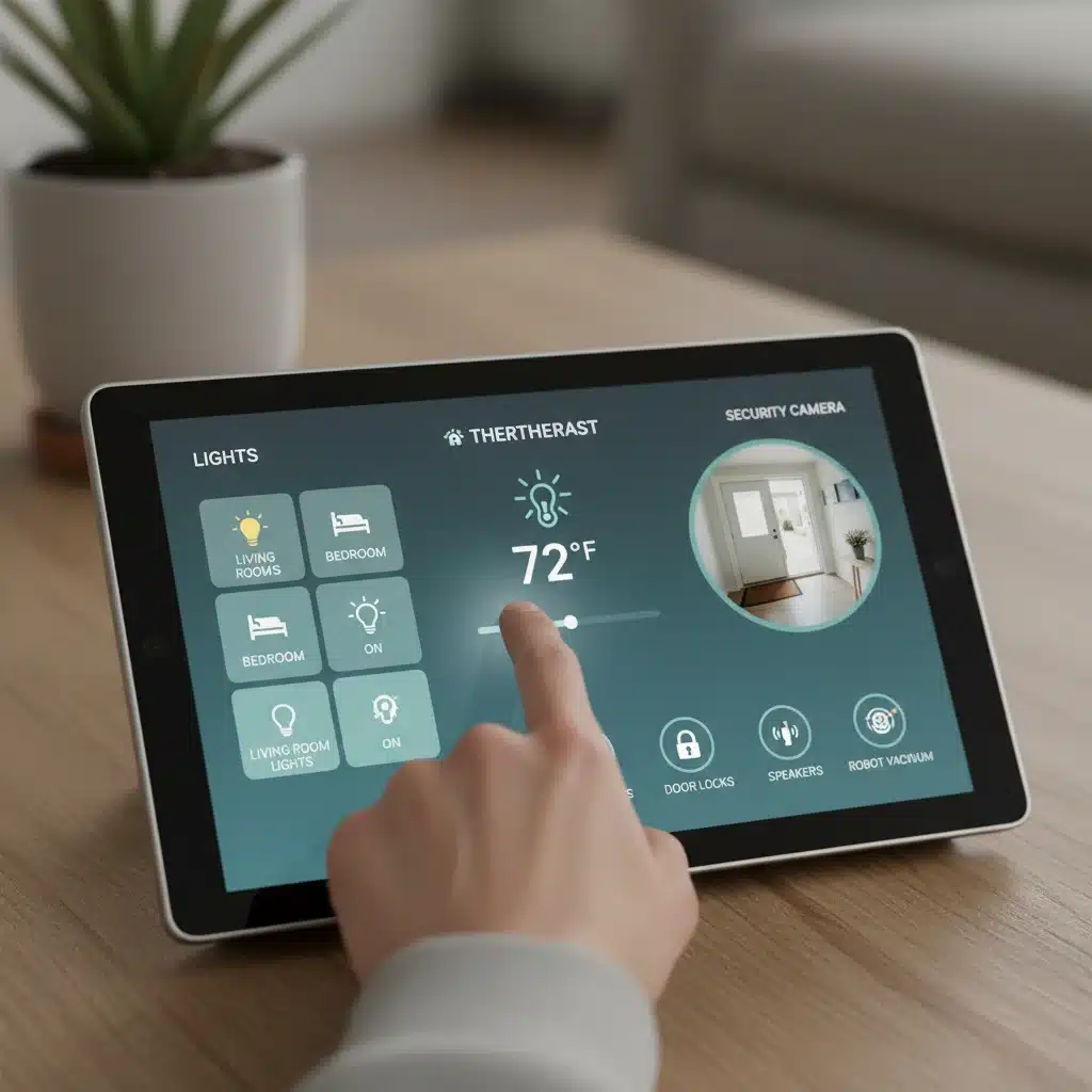 Hand interacting with a smart home hub dashboard controlling multiple devices.