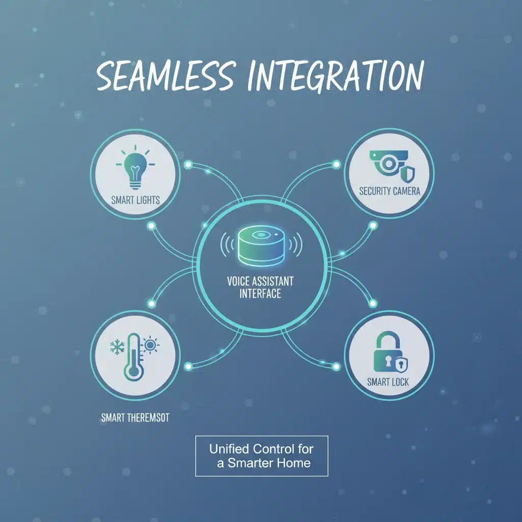 Infographic showing seamless integration of smart home devices via voice assistant.