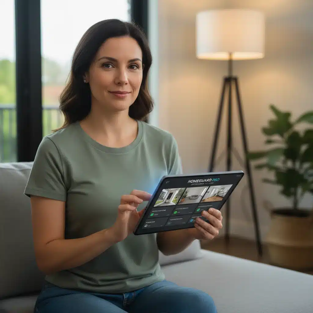 Person managing smart home security system via tablet app