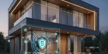 Modern smart home with integrated security system glowing at dusk, showcasing advanced protection.