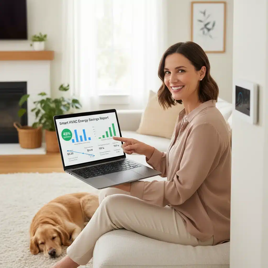 Homeowner reviewing energy savings report from smart HVAC system on laptop.