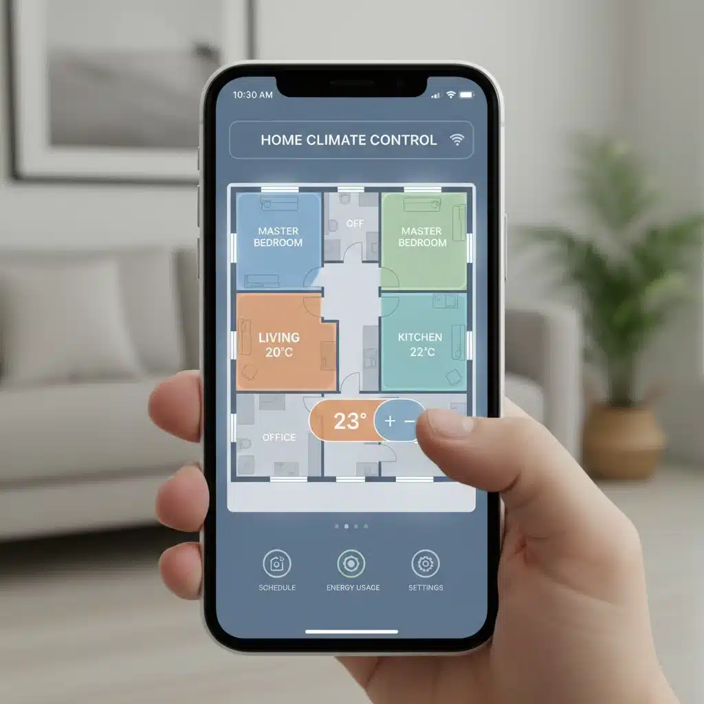 Smartphone app controlling multi-zone smart HVAC system for customized room temperatures.