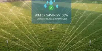 Smart irrigation system watering a green lawn with a modern home.