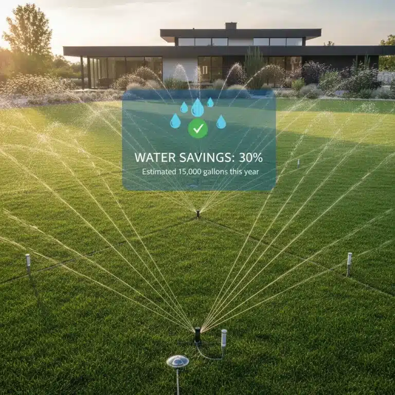 Smart irrigation system watering a green lawn with a modern home.