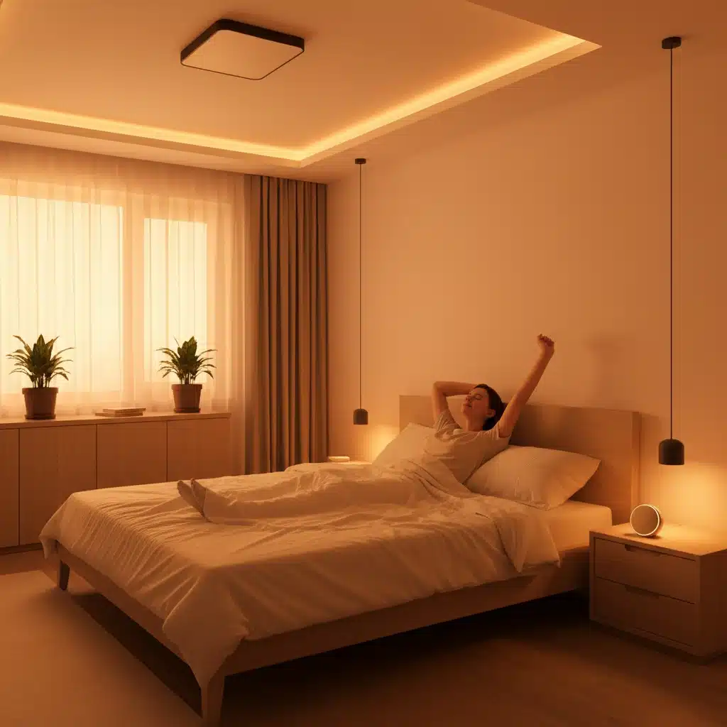 Bedroom with smart lighting simulating a sunrise for natural wake-up