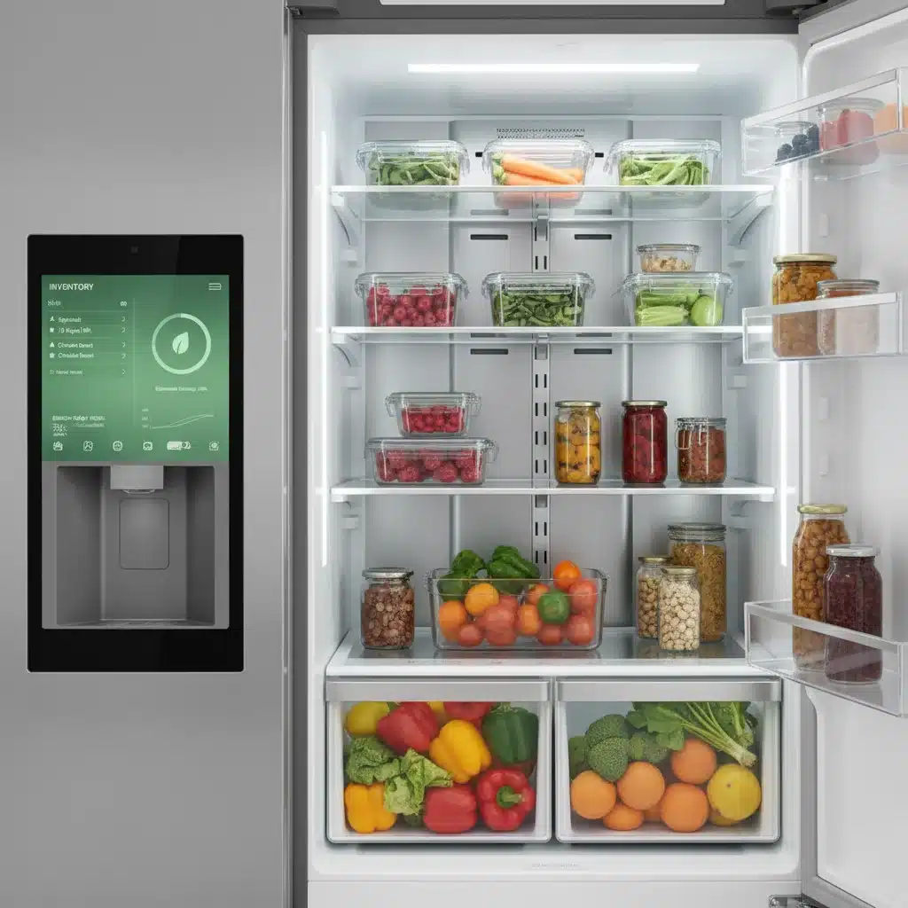 Interior of a smart refrigerator showing organized food and digital display