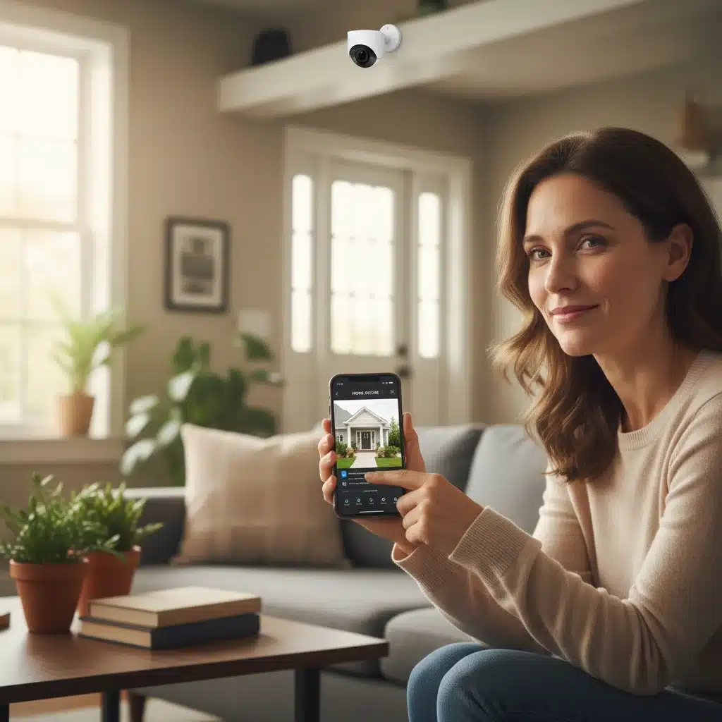 Homeowner checking smart security camera feed on smartphone for enhanced home safety.