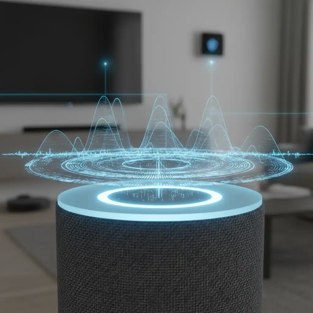 Smart speaker processing voice commands in a modern home.