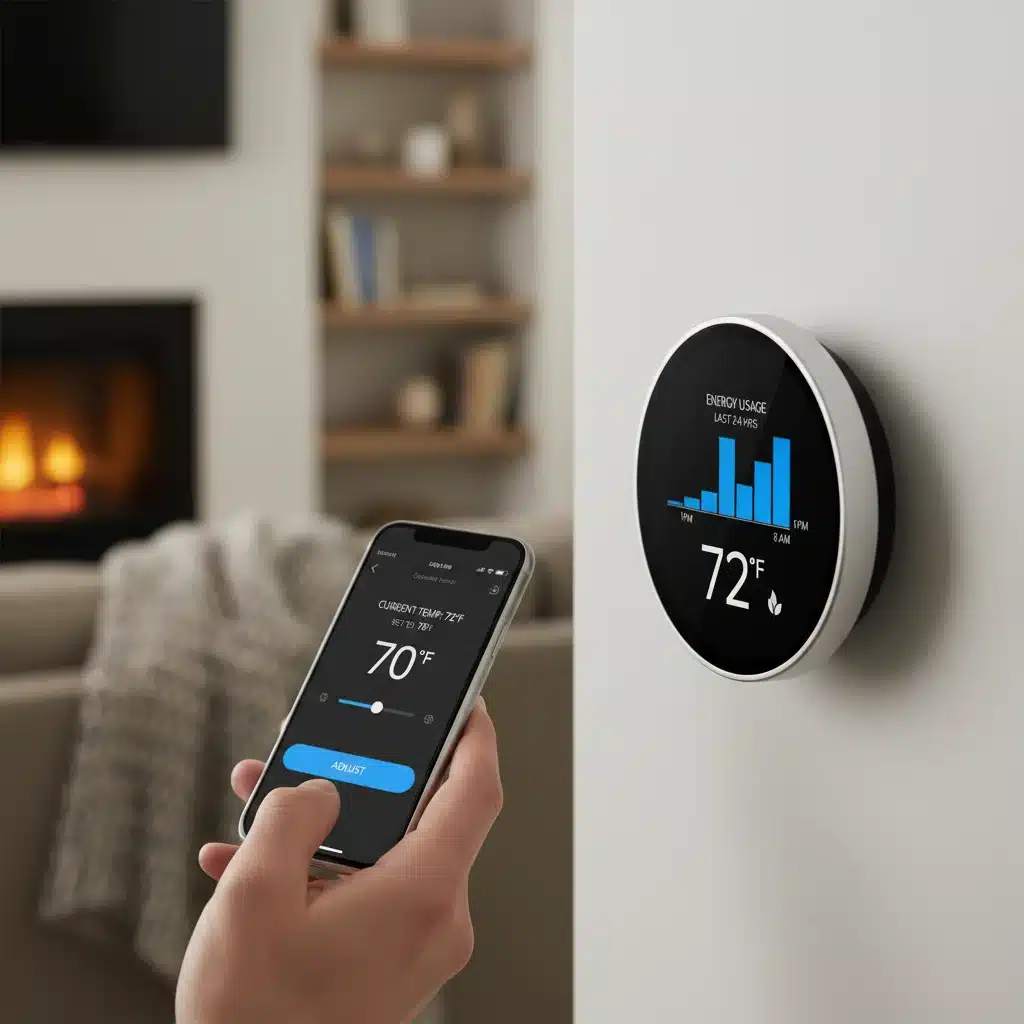 Smart thermostat displaying energy data controlled by a mobile app