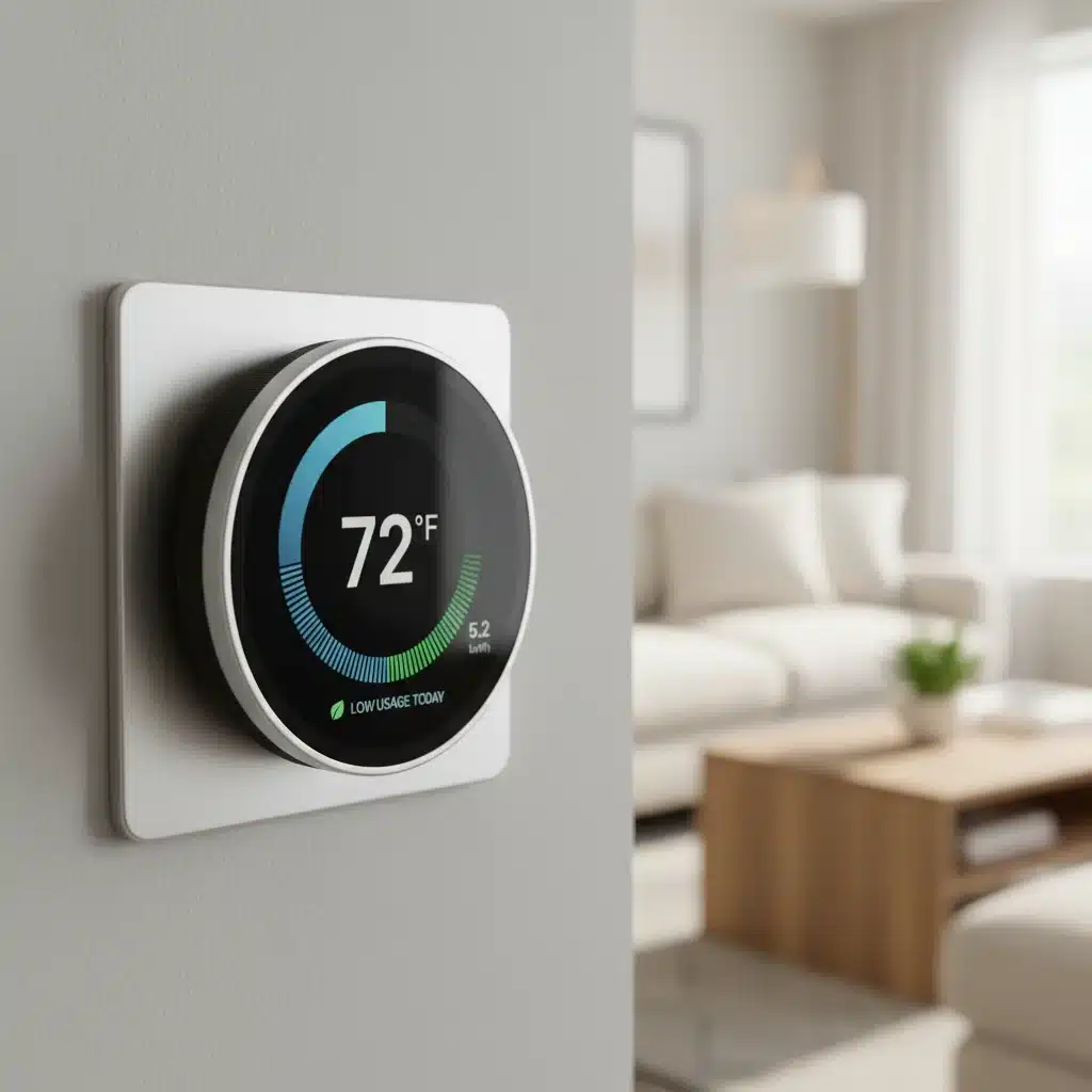 Smart thermostat displaying energy data and temperature settings