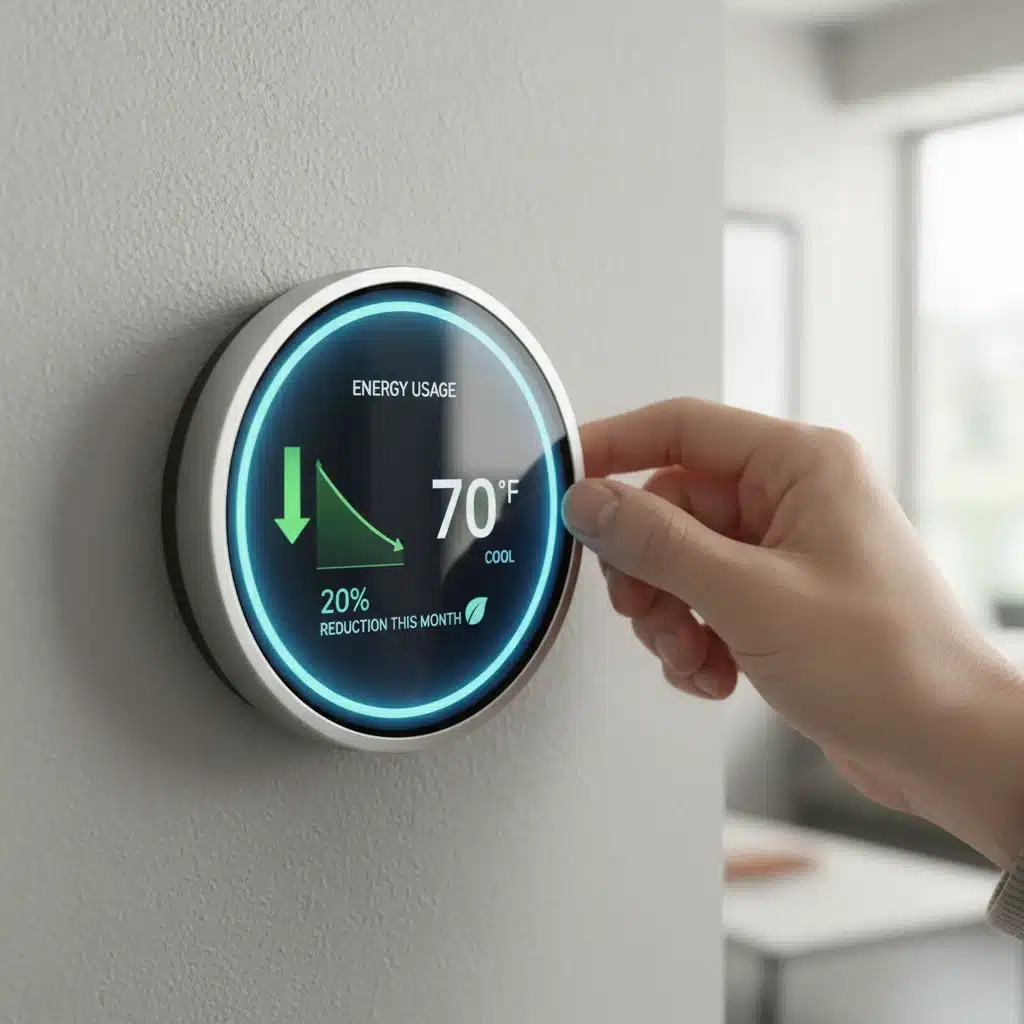 Smart thermostat displaying energy savings, indicating efficient climate control and reduced consumption.