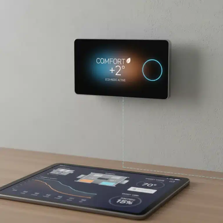 Modern smart thermostat displaying personalized comfort settings and energy savings.