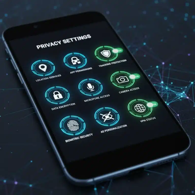 Smartphone screen showing privacy settings with secure network background