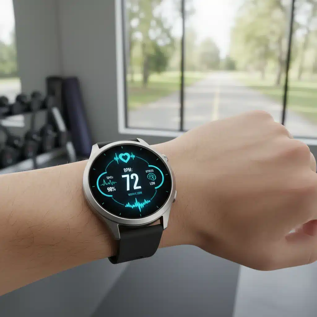 Smartwatch displaying real-time health metrics like heart rate and blood oxygen.