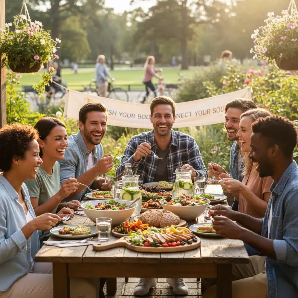 Friends enjoying healthy meal and social connection, boosting positive mindset.