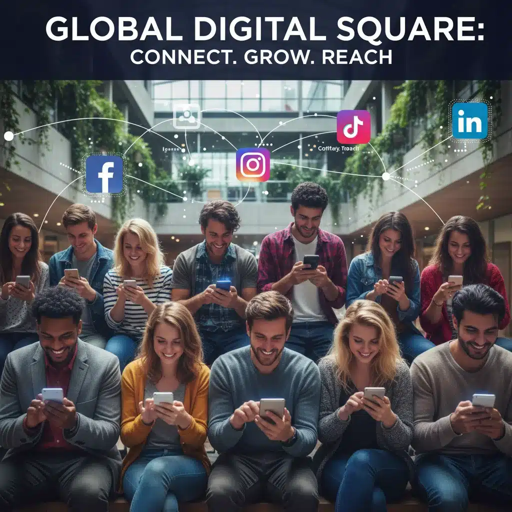 Diverse users engaging with social media platforms on mobile devices.