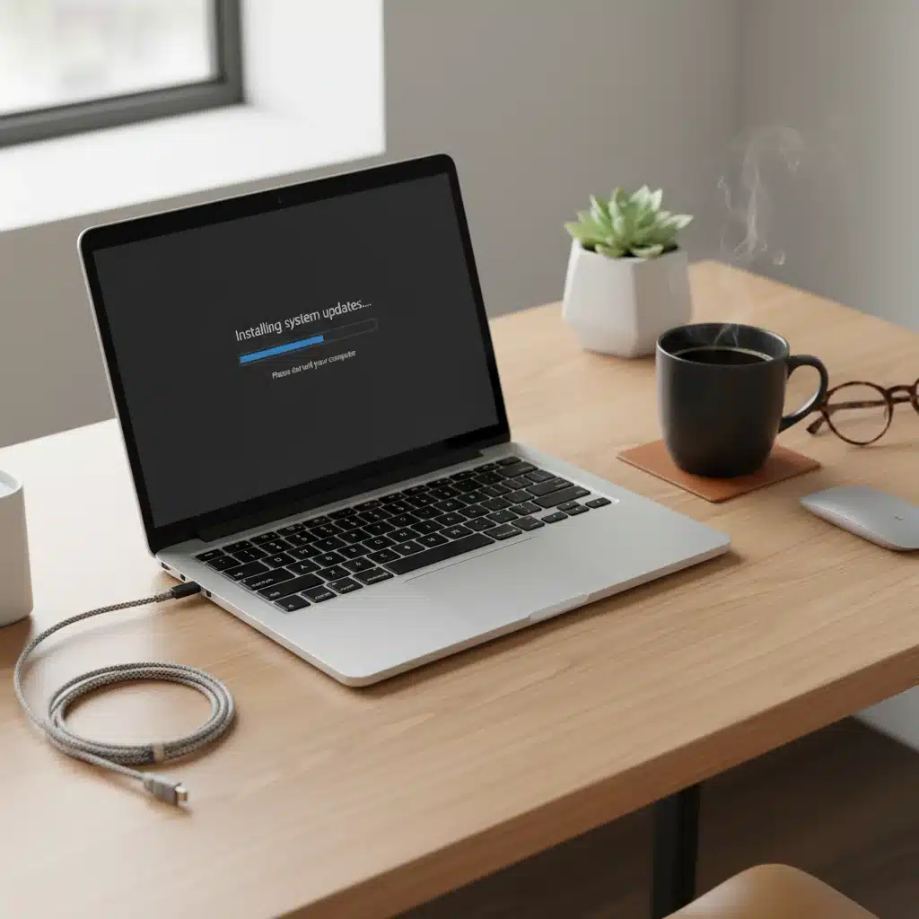 Laptop displaying software update progress bar on a modern desk