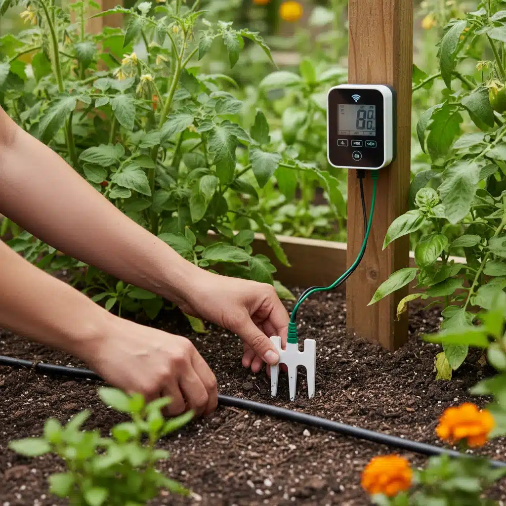 Soil moisture sensor installation for smart irrigation.