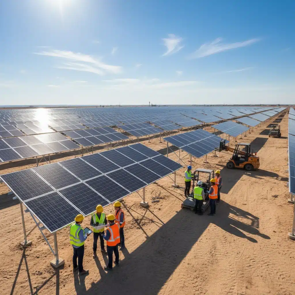 Engineers installing solar panels at a large-scale solar farm, showcasing renewable energy development.