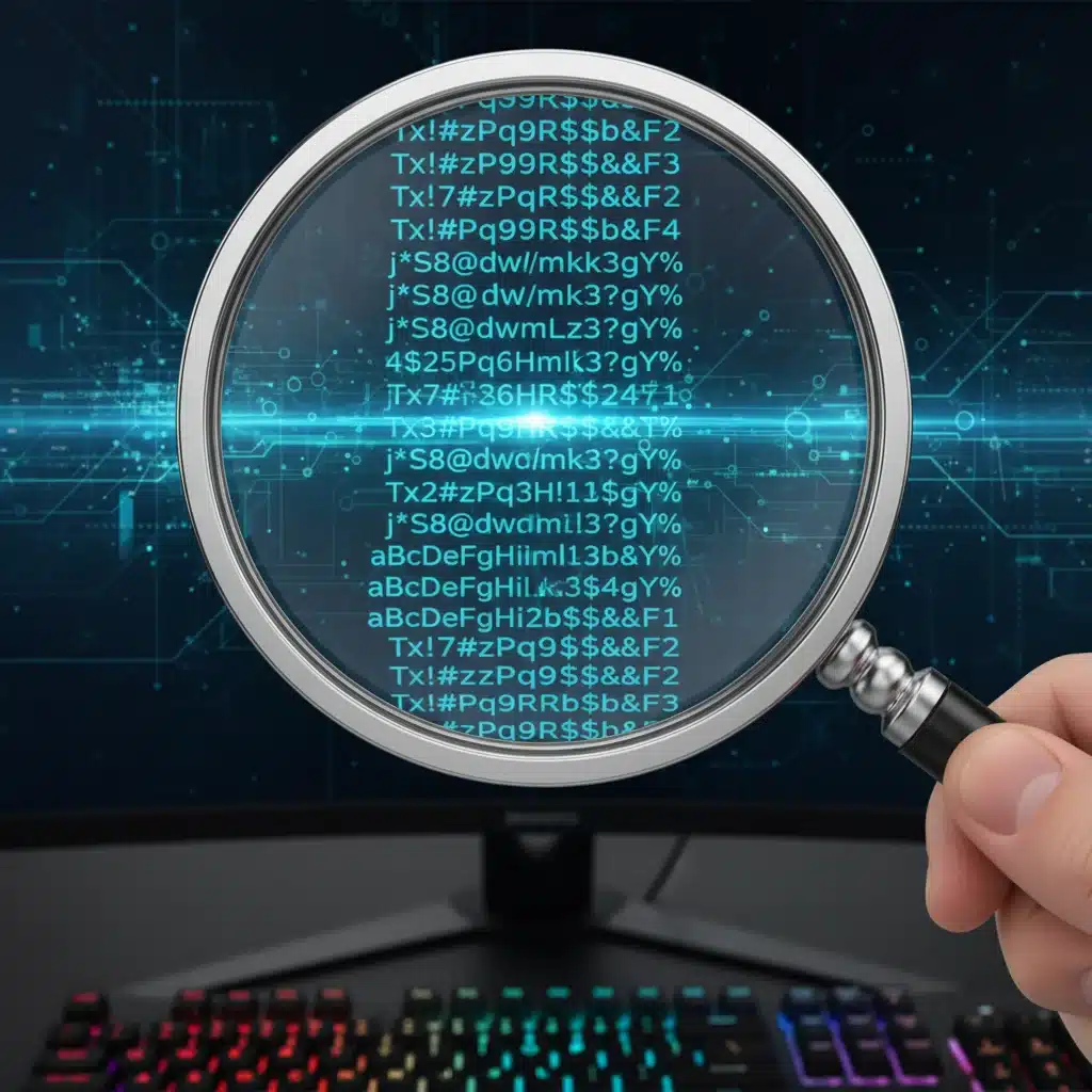 Magnifying glass over strong, complex passwords, illustrating best practices for secure password management.