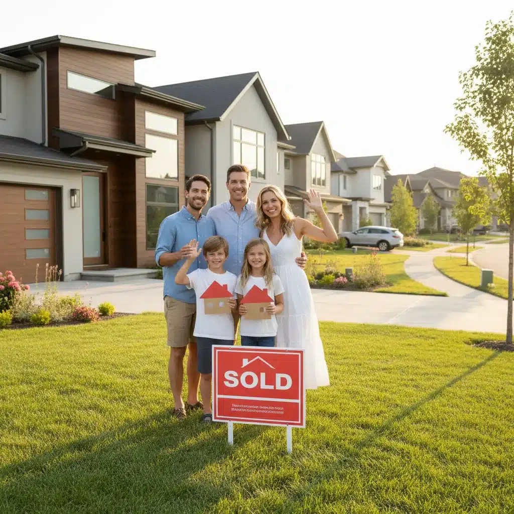 Family celebrating homeownership in a thriving suburban neighborhood