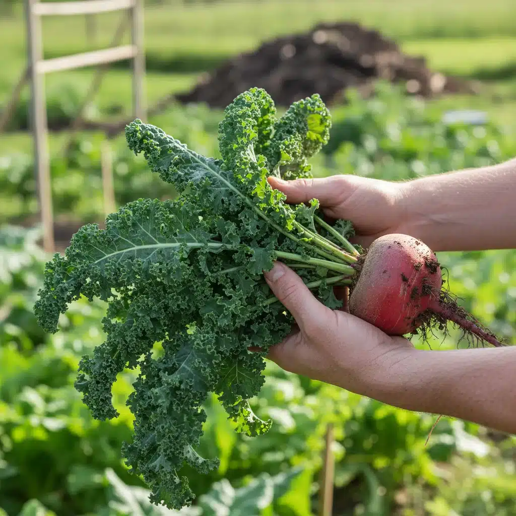 Farmer inspecting healthy organic produce, highlighting sustainable farming practices and quality.