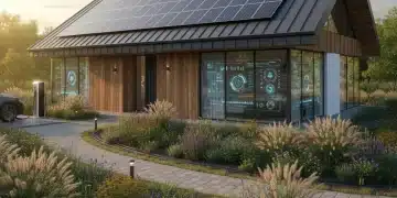 Modern eco-friendly smart home with solar panels and green landscaping, symbolizing sustainable living and technological integration.