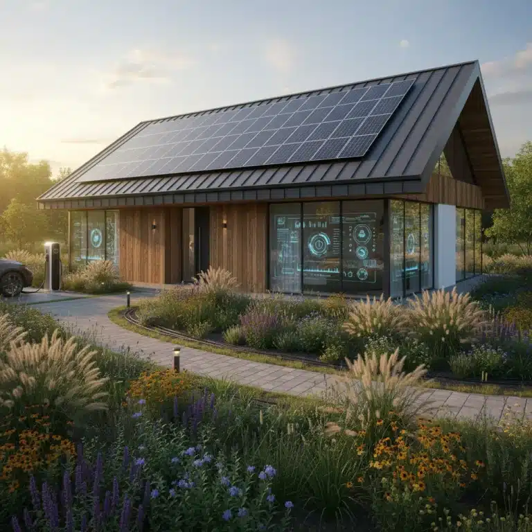Modern eco-friendly smart home with solar panels and green landscaping, symbolizing sustainable living and technological integration.