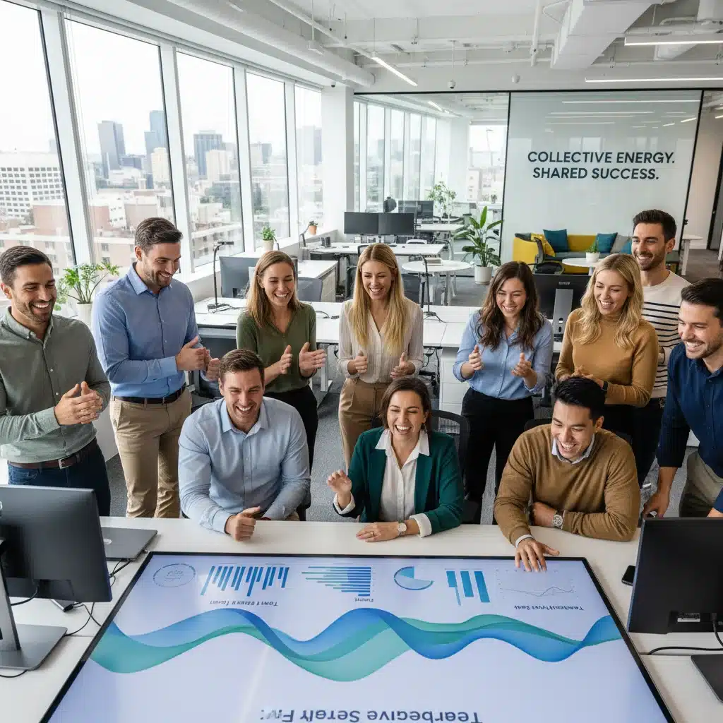Diverse professionals collaborating, showing positive team energy.
