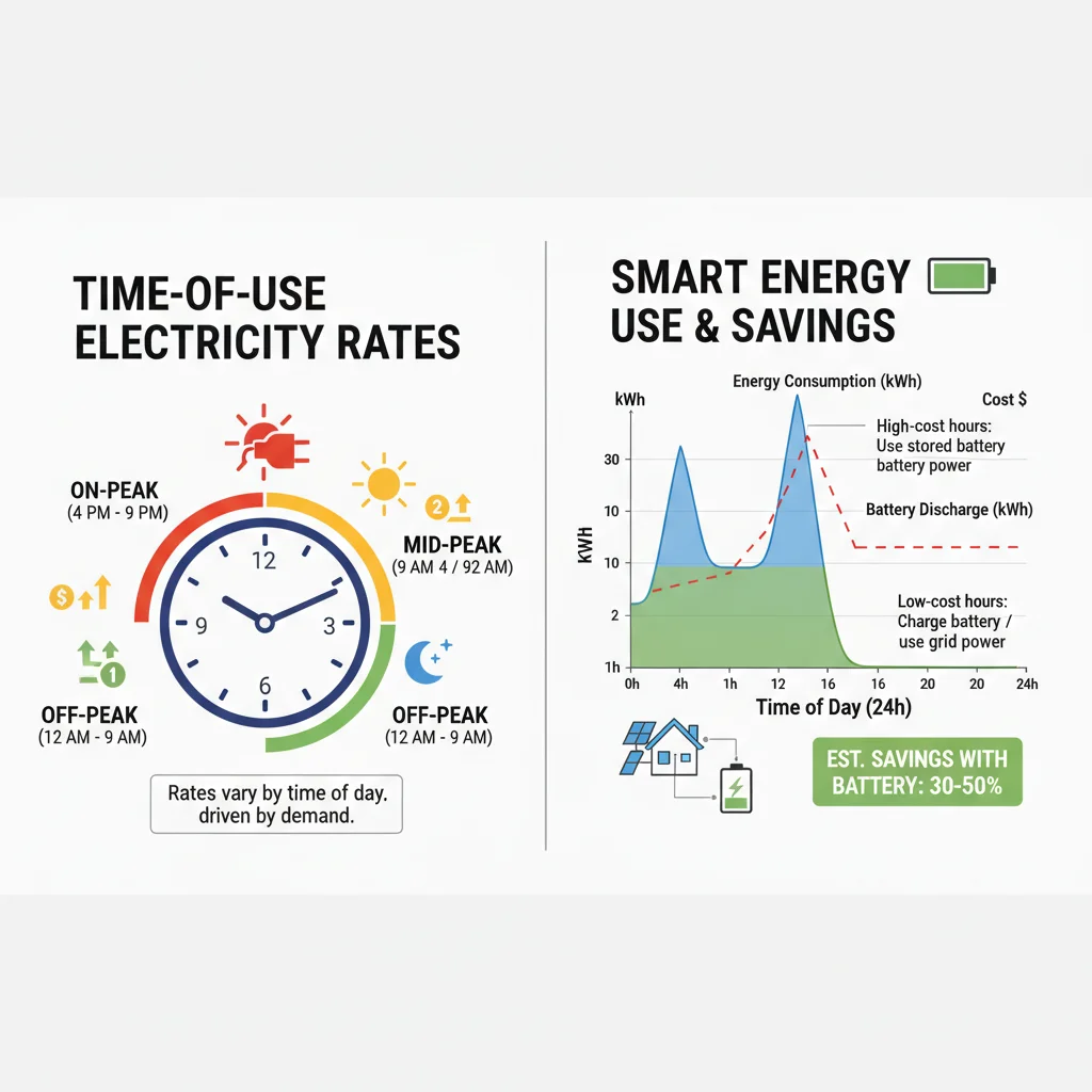 Infographic showing time-of-use electricity rates and energy savings