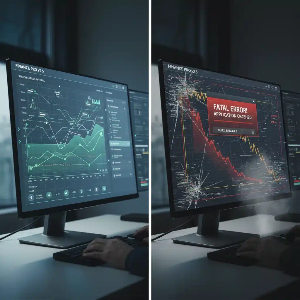 Split screen showing smooth updated application versus crashed application, illustrating update risks.