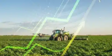 Vibrant green agricultural field with modern farming equipment, symbolizing US agricultural market growth and innovation.