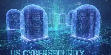 Digital security shields protecting data in a futuristic network, representing the robust US cybersecurity market in 2026.
