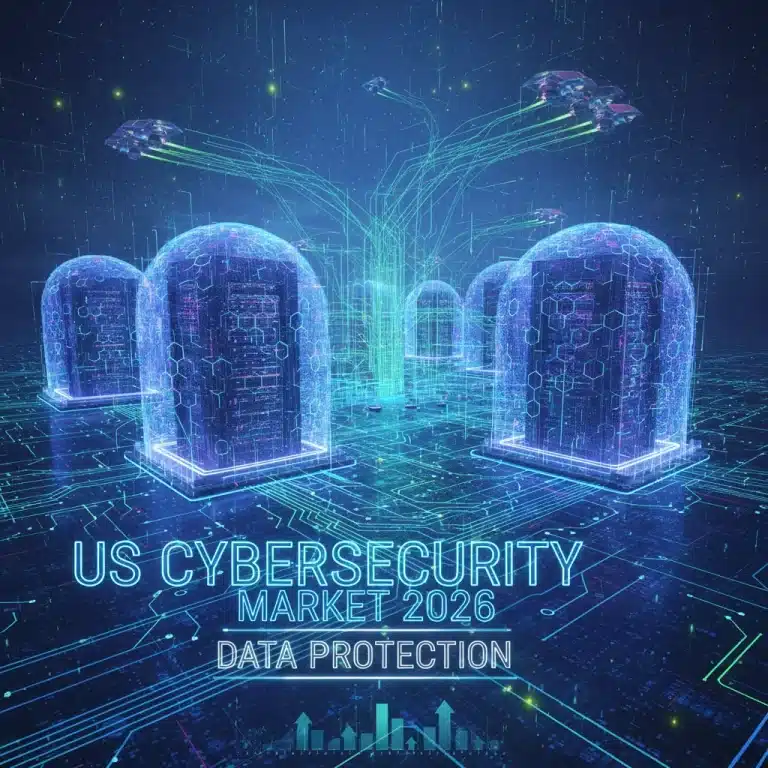 Digital security shields protecting data in a futuristic network, representing the robust US cybersecurity market in 2026.