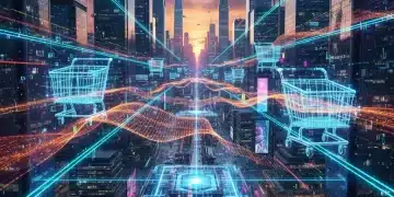 Futuristic cityscape with digital shopping carts symbolizing increased online spending