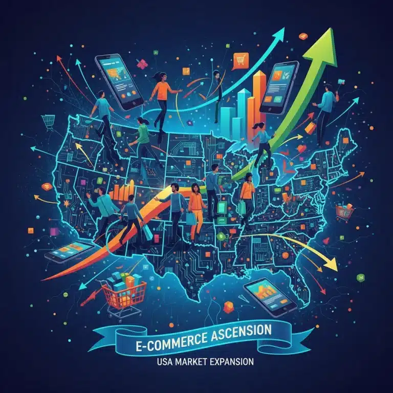 Illustration of e-commerce growth trends in the US, showing upward arrows and shopping icons.