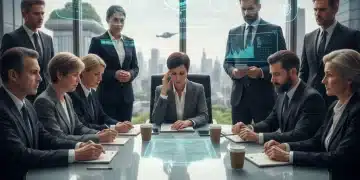 US leaders grappling with complex decisions at a modern conference table, symbolizing decision fatigue.