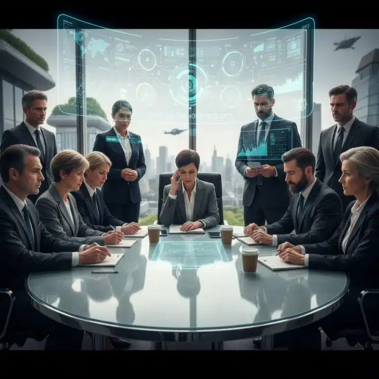 US leaders grappling with complex decisions at a modern conference table, symbolizing decision fatigue.