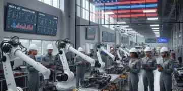 Modern US manufacturing facility with robotics and skilled workers