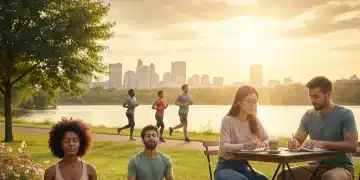 People practicing positive mindset activities in a US setting, promoting wellness.