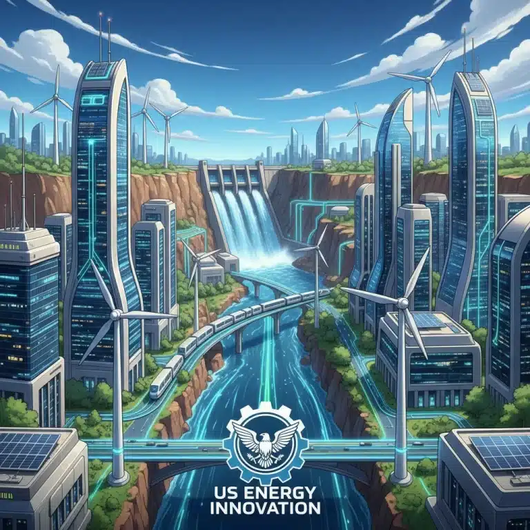 Futuristic cityscape with diverse renewable energy infrastructure, symbolizing US energy market growth.